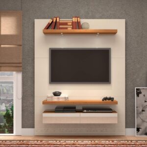 Painel para TV 55 Pol. com LED Espelho 2 Gavetas 140cm MDF Off White/Freijó