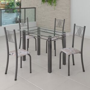 Conjunto de Jantar Mesa 100x60cm Tampo de Vidro Incolor com 4 Cadeiras Sara Yescasa Botanic Bege/Prata