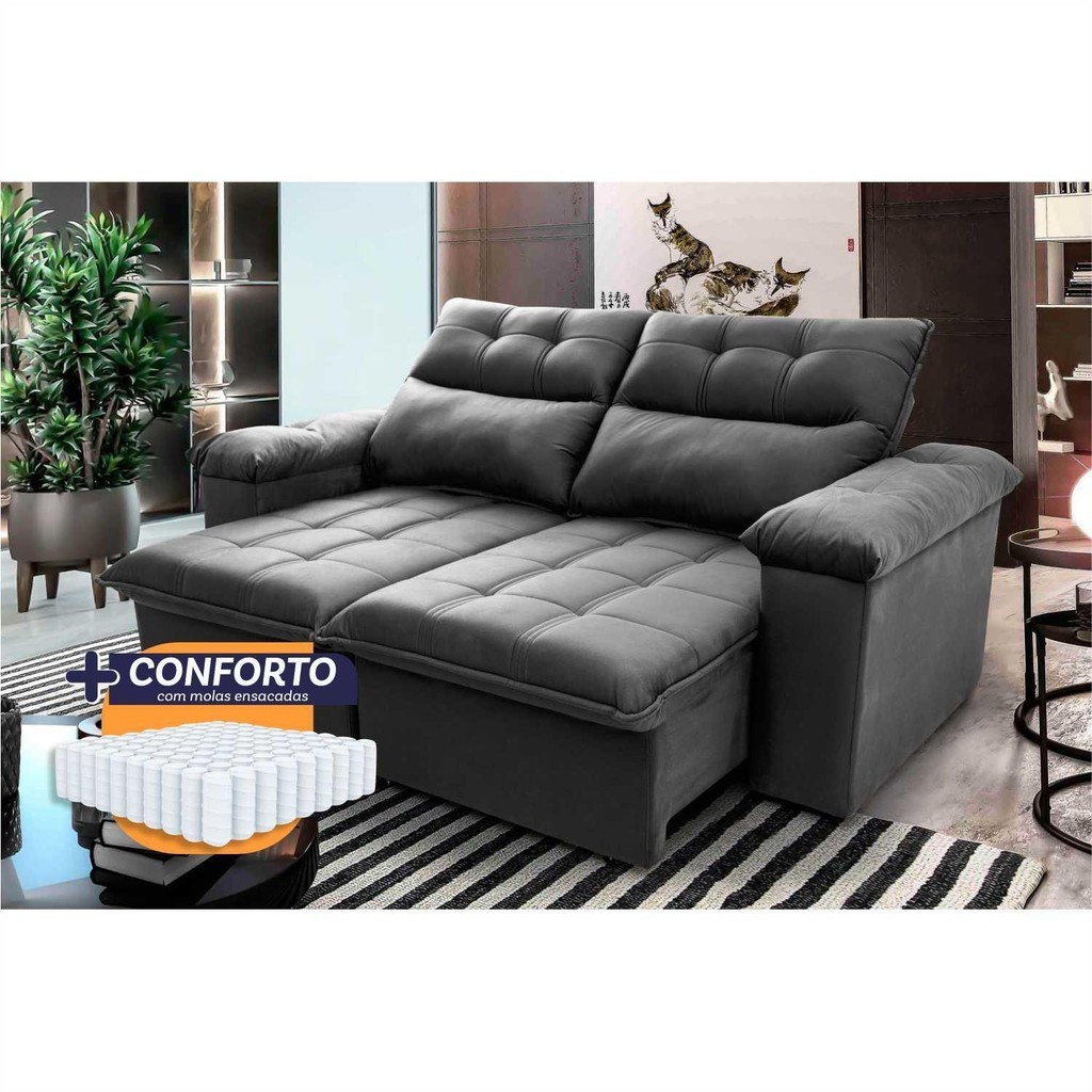 Sof? Retr?til Verona 2,00m Suede Cinza 1 Sofá Retrátil Reclinável Verona 2,00m Suede Velut Cinza Molas Ensacadas - King House