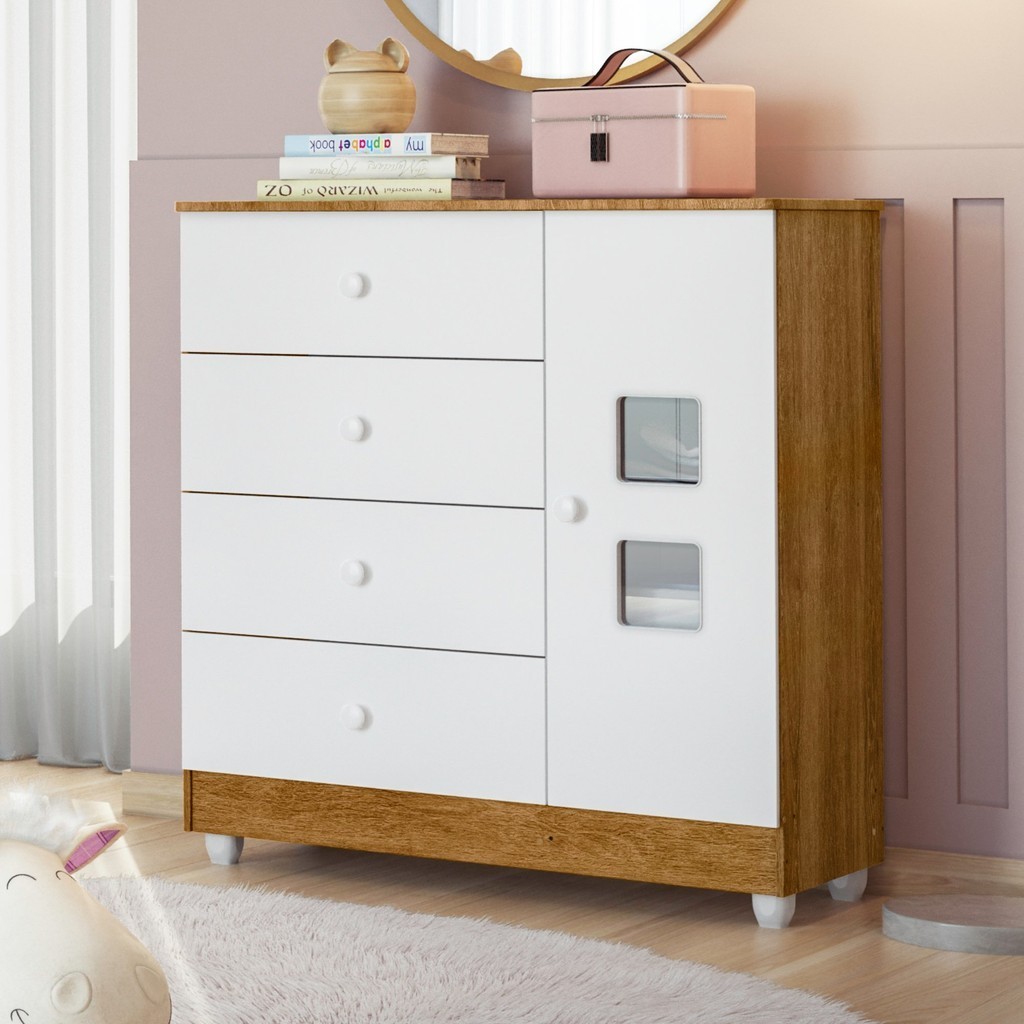 C?moda Beb? 1 Porta 4 Gavetas MDF Yp? 1 Cômoda de Bebê 100% MDF 1 Porta 4 Gavetas Life Branco/Madeirado Ypê