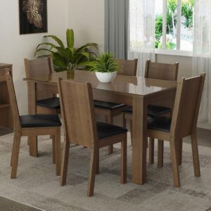 Conjunto Sala Jantar Mesa Vidro 6 Cadeiras Madesa