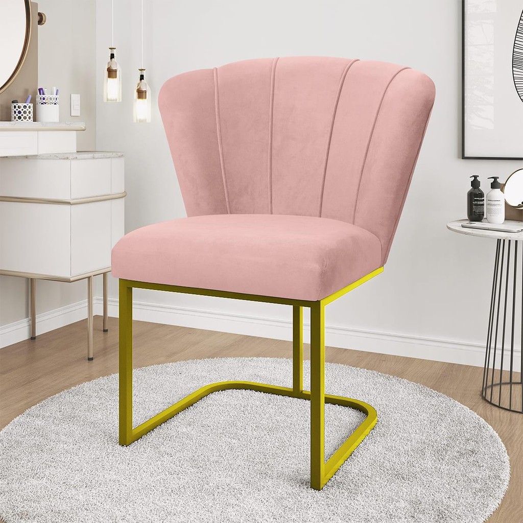 Cadeira Flor Veludo Base Dourada 1 Cadeira Flor Pés Metal Reforçado Dourado Mesa Estudos Quarto