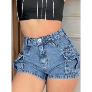 Short Jeans Cargo Marmorizado Feminino