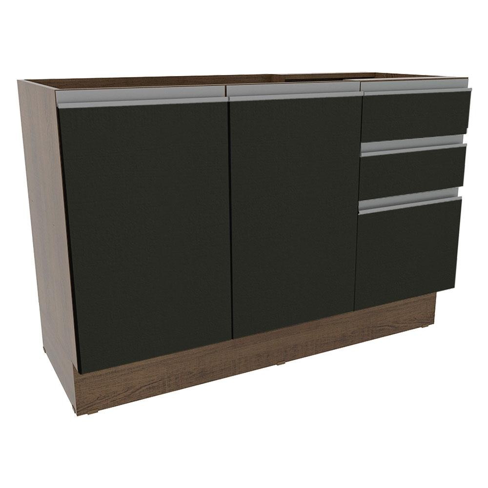 Balc?o de Pia Cozinha 2 Portas 3 Gavetas Rustic/Preto Glamy 1 Balcão de Pia Armário de Cozinha 2 Portas e 3 Gavetas Rustic/Preto Glamy Madesa
