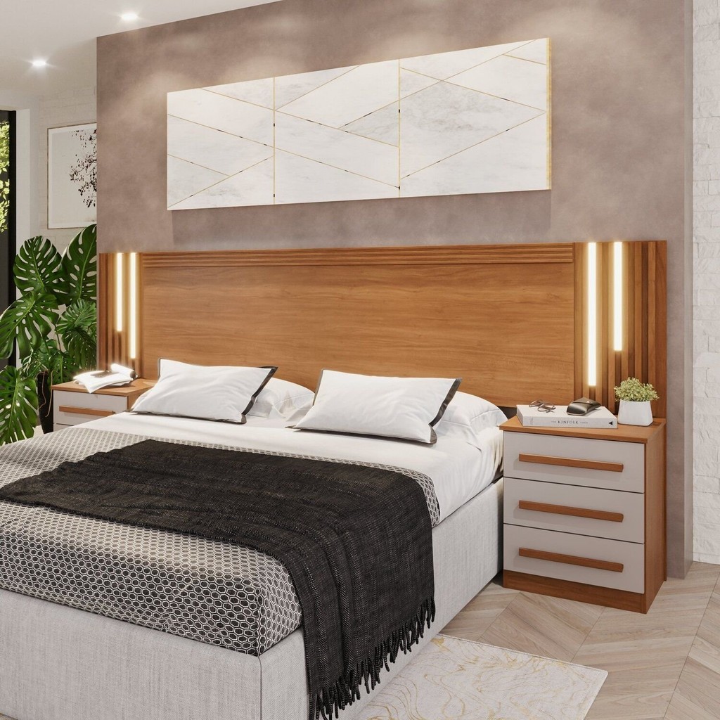 Cabeceira Casal Extens?vel LED Cinamomo/Off White 1 Cabeceira Casal Extensível com Led Luminous Yescasa Cinamomo/Off White
