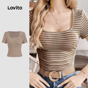 Camiseta Casual Listrada Cáqui Feminina