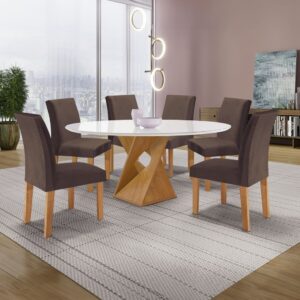 Conjunto Mesa Barcelona 120cmx120cm 6 Cadeiras Espanha Tampo Plus Redondo Vidro Yescasa Cinamomo/Off White/Veludo Marrom