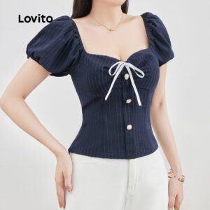 Blusa Elegante Pérolas e Laço Azul Marinho