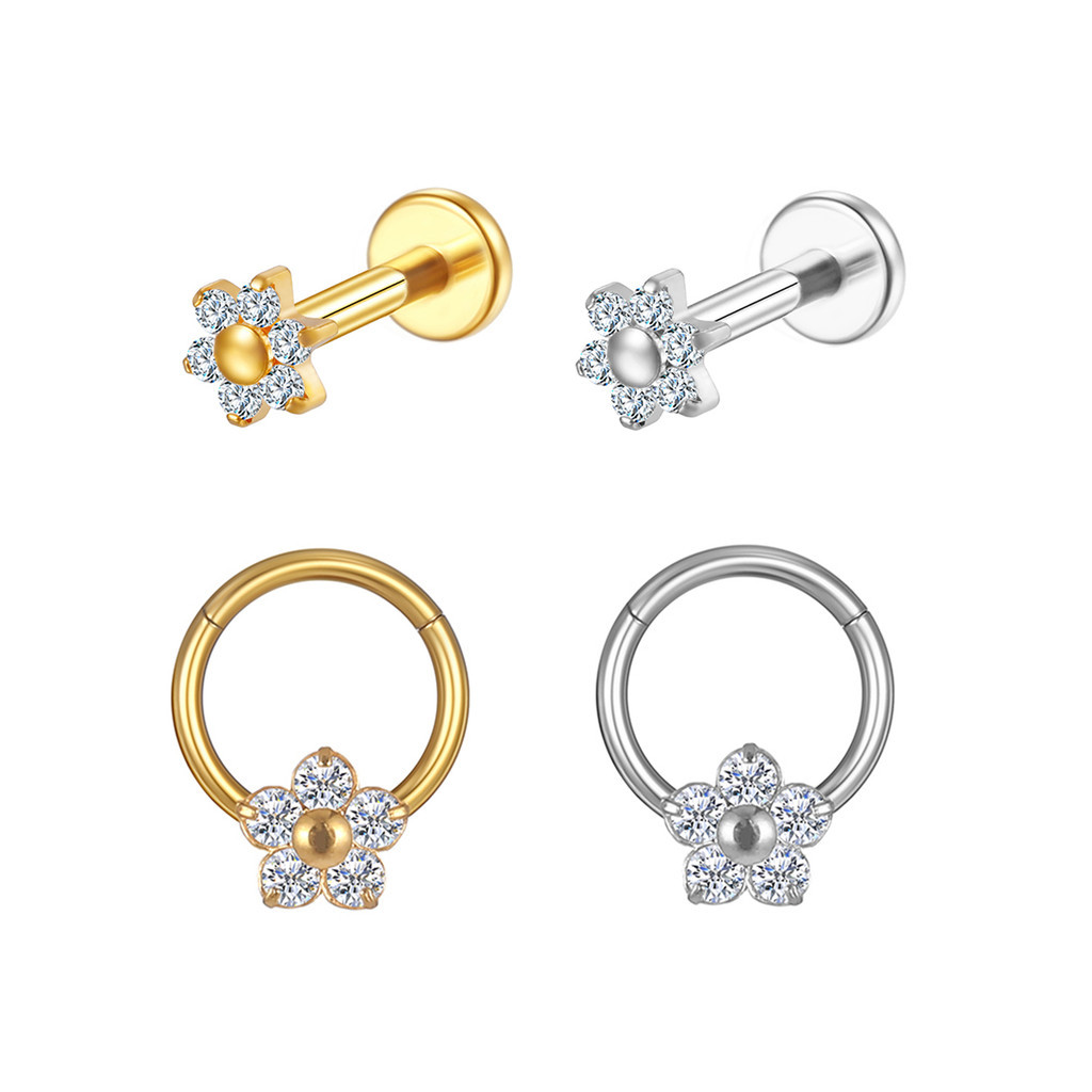 Kit Piercing Labret A?o Cir?rgico Flor Zirc?nias 1 2PCS Kit Piercing Labret Aço Cirúrgico Flor Zircônias Ponto De Luz Helix Tragus