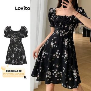 Vestido Floral Amarrado Feminino Preto