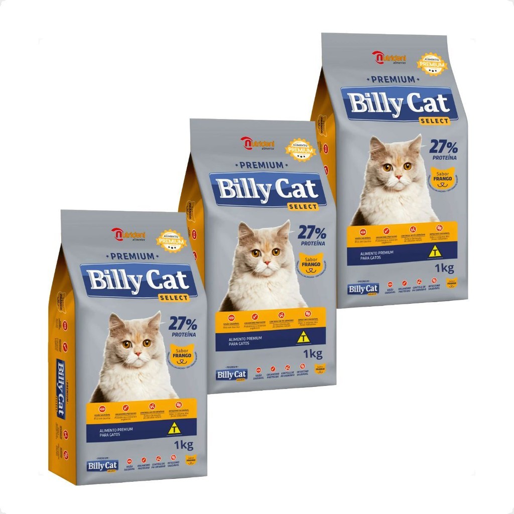 Ra??o Billy Cat Select Gatos Adultos Frango 1kg 1 Kit 3 Ração Billy Cat Select Gatos Adultos Frango - 1Kg