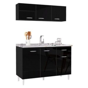 Balcão De Pia E Armário Aéreo 120 Cm Preto  Poquema