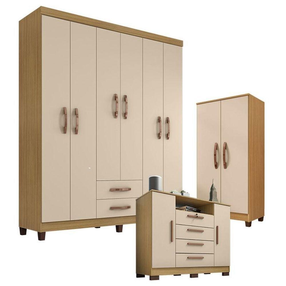 Guarda Roupa Casal Modena + C?moda Ambiente Recife 1 Guarda Roupa Casal Modena Com Cômoda Madri E Armário Multiuso Recife Carvalho Americano Off White - Incorplac