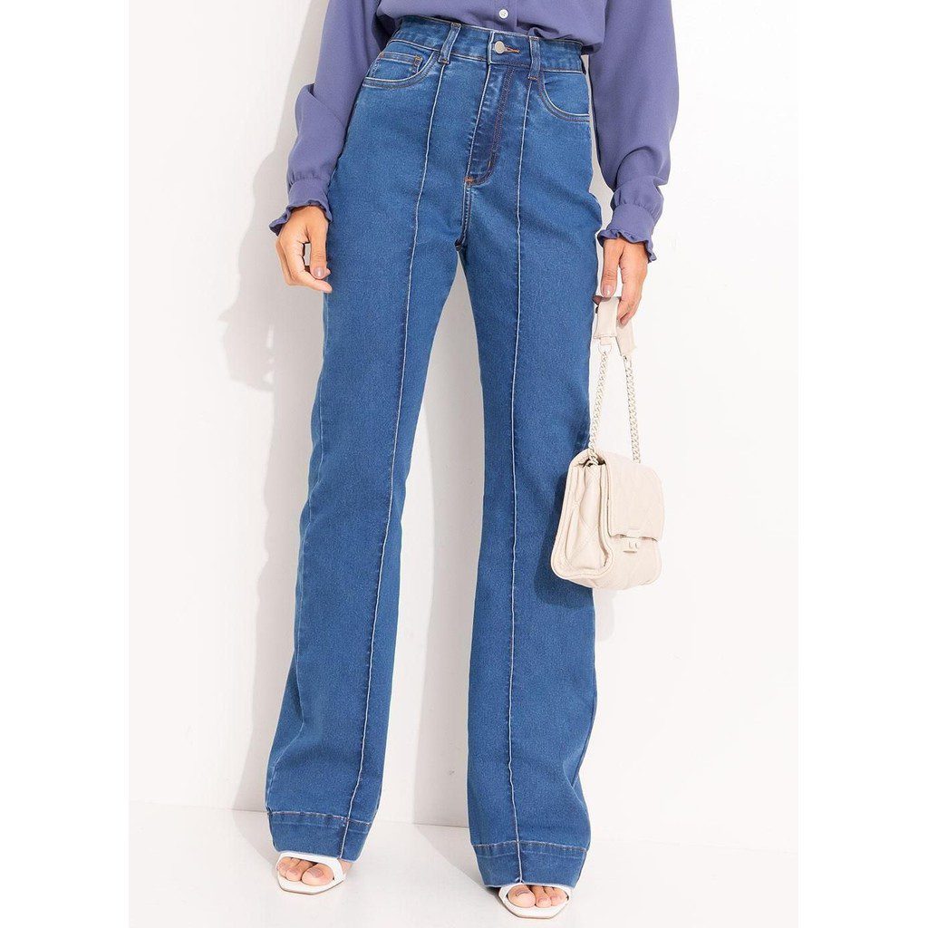 Cal?a Jeans Flare Azul M?dio Alto 1 Calça Jeans Flare Azul Médio Alto