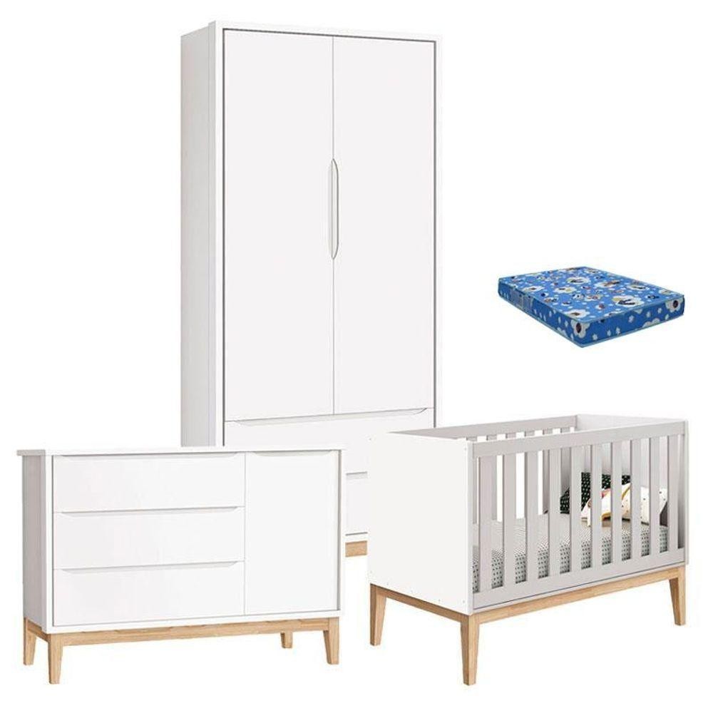 Quarto de Bebê Reller Completo - 2 Portas + Colchão 1 Quarto De Bebê Classic 2 Portas Com Colchão Branco Pés Madeira Natural - Reller