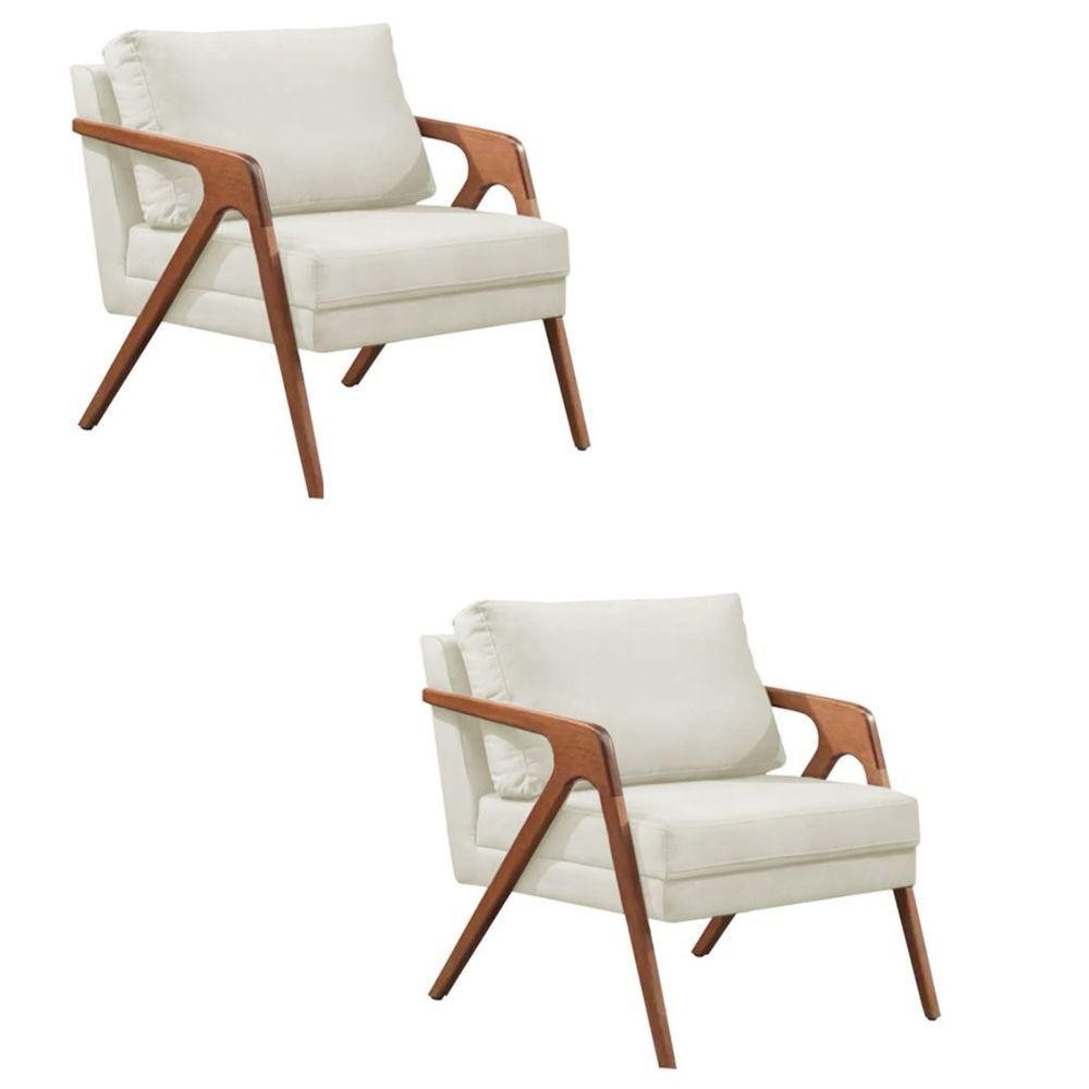 Kit 2 Poltronas Linho Cru Madeira Maci?a 1 Kit 2 Poltronas Decorativa Mona Luxo Linho Cru Base Madeira Maciça