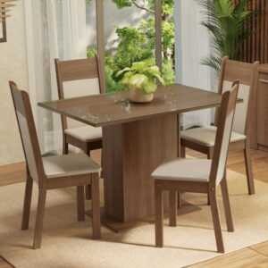 Conjunto Sala de Jantar Mesa Tampo de Vidro 4 Cadeiras Rustic/Crema/Bege Viena Madesa