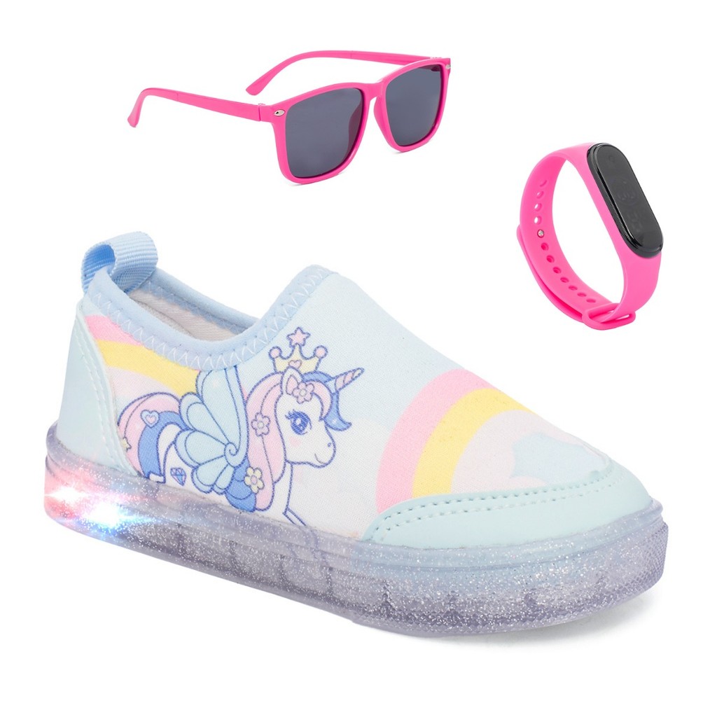Combo Infantil Tenis Casual LED Oculos e Rel?gio Funfy - Estilo e Divers?o! 1 Combo Infantil Tenis Casual LED Oculos Relogio Menina Funfy