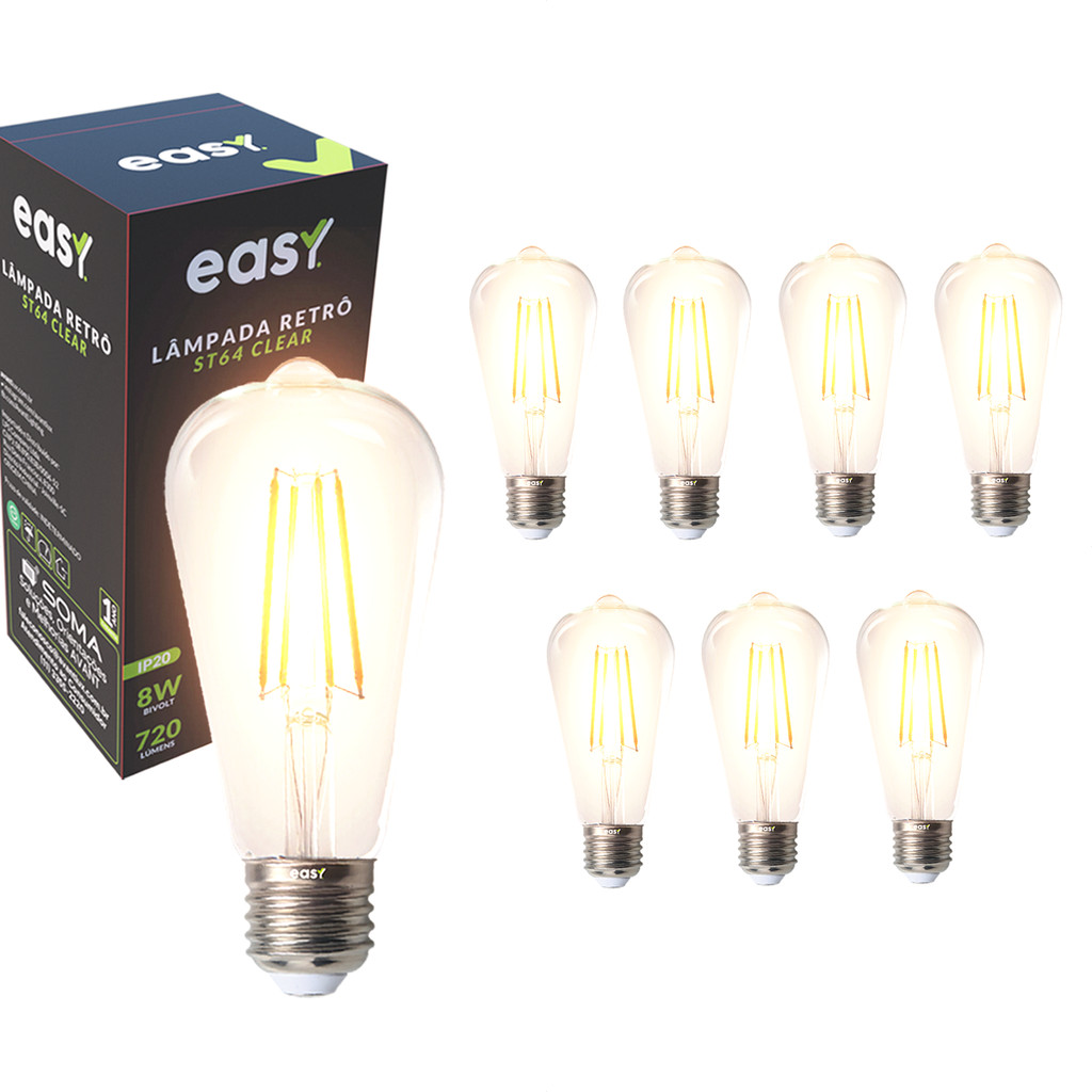 L?mpadas LED ST64 Vintage 8W - Kit 8 1 Kit 8 Lâmpadas de Led ST64 Retro Vintage Clear 8w 2400k E27 Bivolt Easy Luz Quente