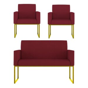 Kit 2 Poltronas + Namoradeira Lugares Recepção Base Dourada