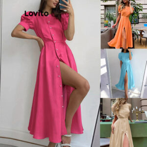 Vestido Casual Liso com Botão e Manga Bufante