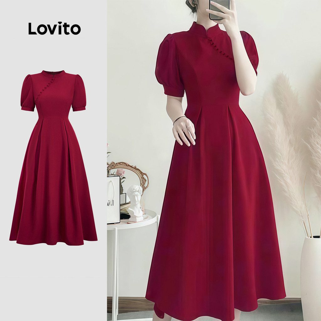 Vestido Feminino Claret Babado e Bot?es 1 Vestido Feminino Claret Babado e Botões