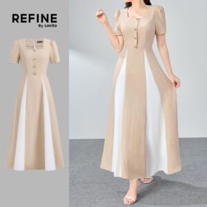 Vestido Elegante Colorblock Cáqui Feminino