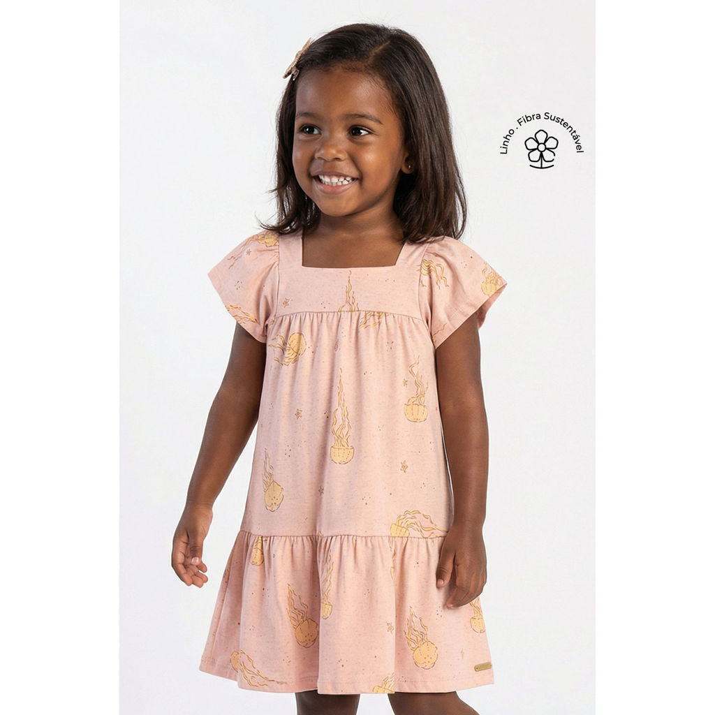 Vestido Infantil Águas-Vivas Rosa 1 Vestido infantil rosa com estampa vibrante de águas-vivas em diferentes tamanhos e tons, confeccionado em tecido leve e fluido, ideal para crianças que buscam conforto e estilo em suas brincadeiras e eventos.