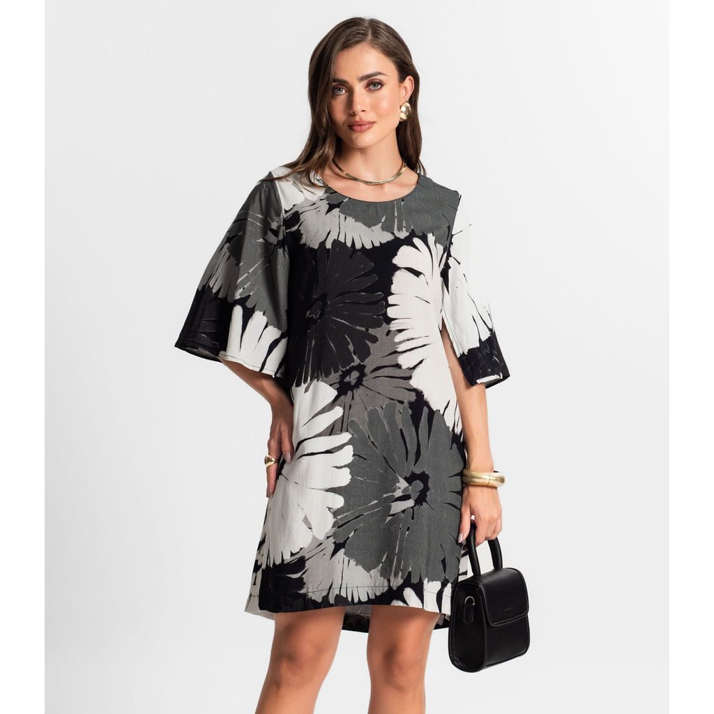 Vestido Curto Estampado Viscose Cinza 1 Vestido Curto Estampado Viscose Cinza