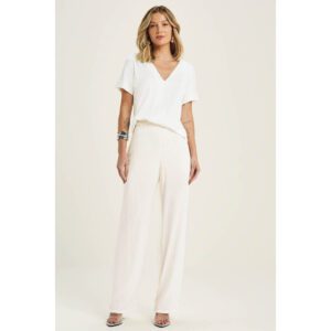 Calça Pantalona Listrada Bege Feminina