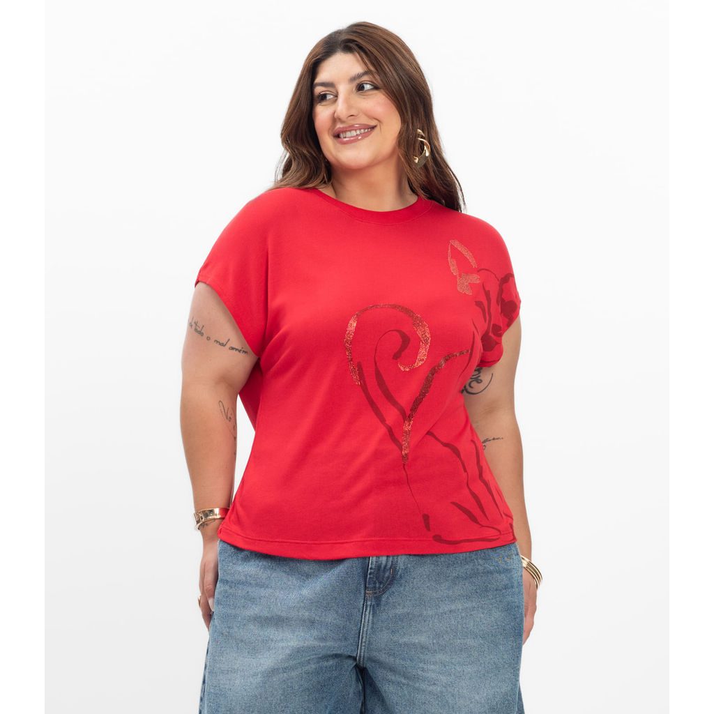 Camiseta Plus Size Estampa Gatinho Vermelho 1 Camiseta Plus Size Estampa Gatinho Vermelho