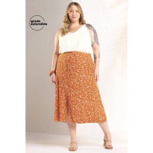 Saia Midi Floral Estampada Laranja