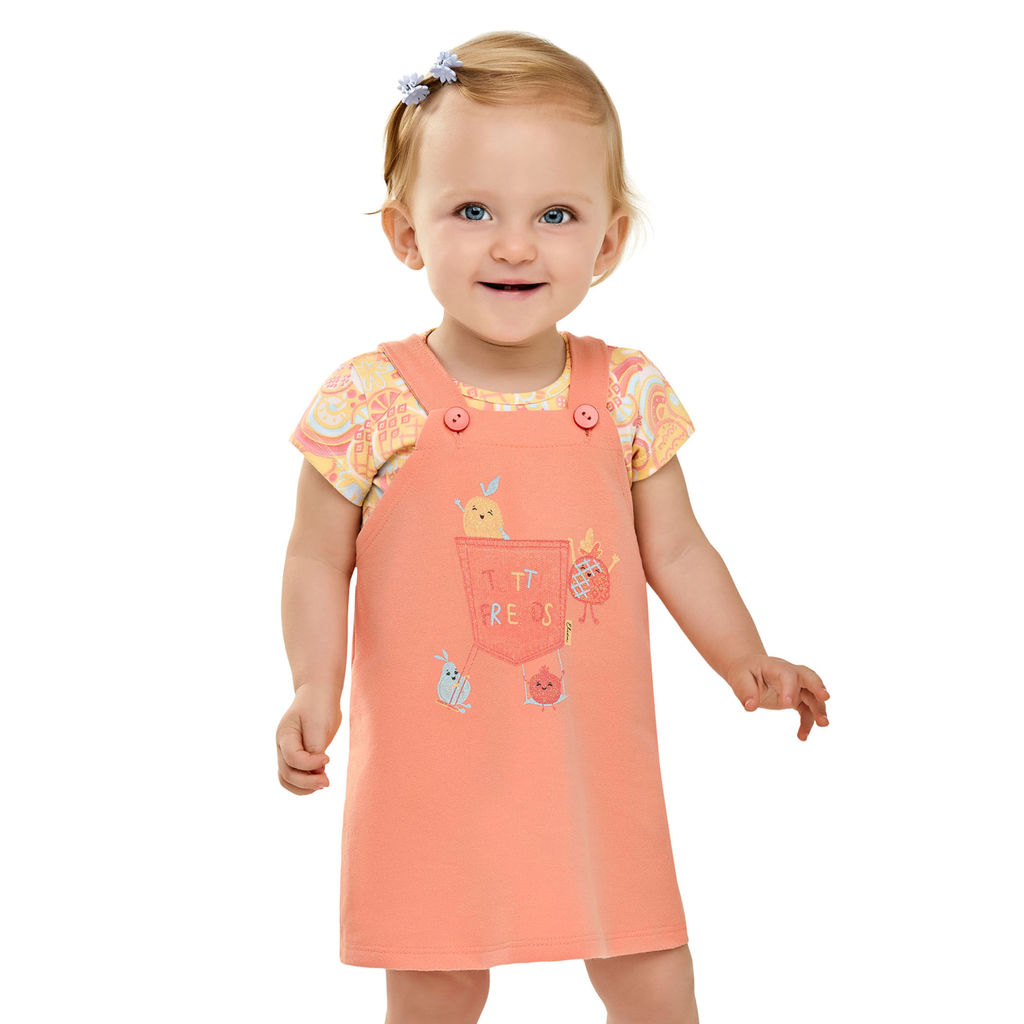 Conjunto Bebê Menina Vestido e Blusa Frutinhas Elian Laranja 1 Conjunto Bebê Menina Elian Vestido e Blusa Frutinhas Laranja, com estampa vibrante de frutas tropicais no vestido e blusa branca de manga curta, ideal para o verão de 2026.