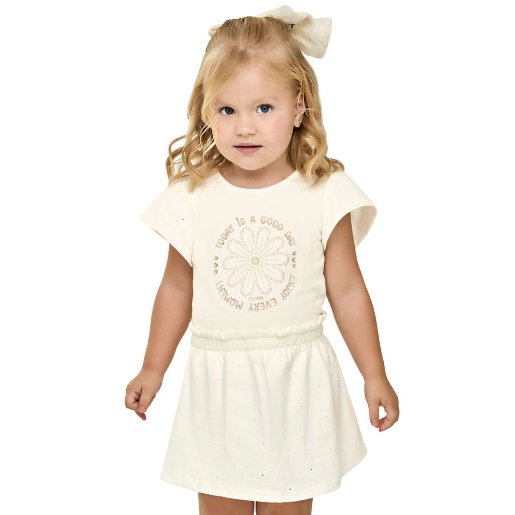 Conjunto infantil menina Elian na cor bege, featuring uma blusa com mangas puff e delicada estampa floral, acompanhada de uma calça legging lisa, ideal para conforto e estilo diário.