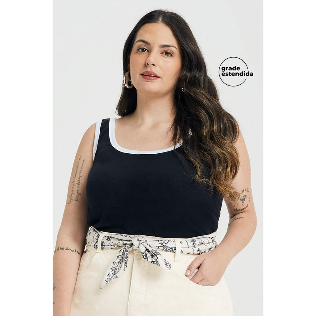 Regata Ribana Feminina Preta com Detalhes 1 Regata Ribana Feminina Preta com Detalhes