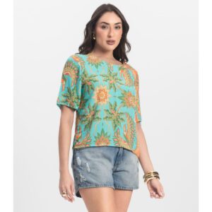 Blusa Feminina Viscose Azul Manga Curta