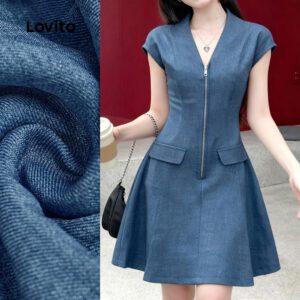 Vestido Elegante Azul Zíper - Verão/Primavera