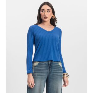 Blusa Manga Longa Infinita Azul Decote V