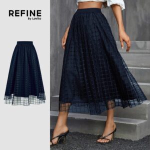 Saia Elegante Xadrez Azul Marinho Malha