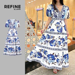 Vestido Elegante Azul Floral Primavera/Verão