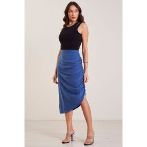 Saia Feminina Acetina Azul Pregas