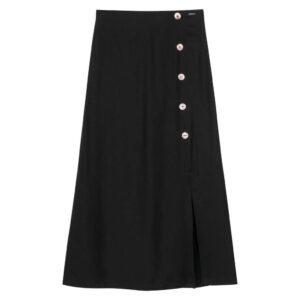 Saia Midi Fenda Botões Preto Viscose