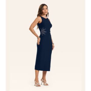 Vestido Midi Azul Friso Bordado