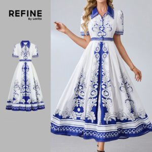 Vestido Elegante Botões Azul Floral Feminino