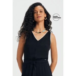 Regata Feminina Decote V Creponada Preto