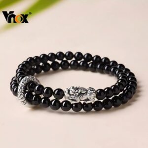Vnox Fashion Pixiu Pulseira De Corda Elástica Com Contas Pretas De Camada Dupla Para Homens , Joias Da Moda , Presente P