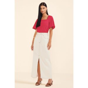 Saia Midi Sarja Elástica Bege Marialícia