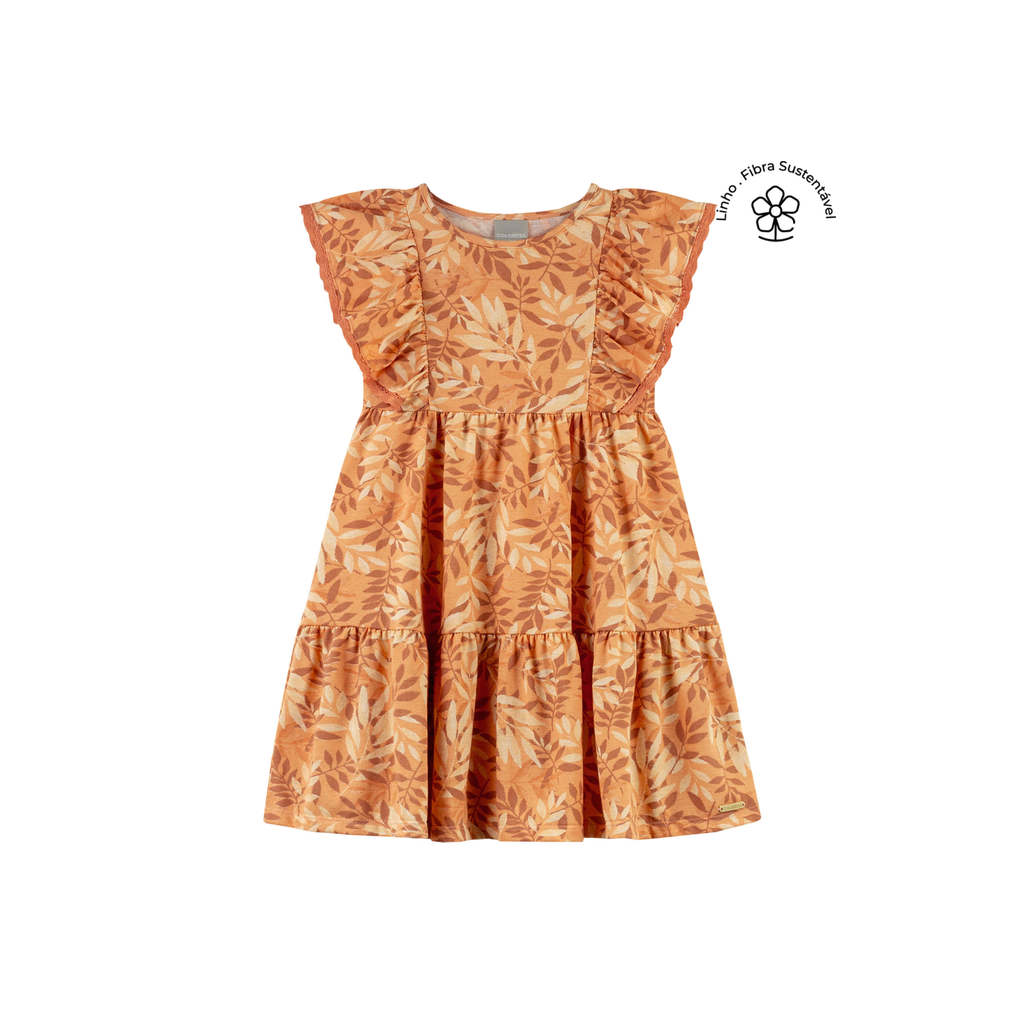 Vestido Infantil Menina Folhas Laranja 1 Vestido Infantil Menina Folhas Laranja