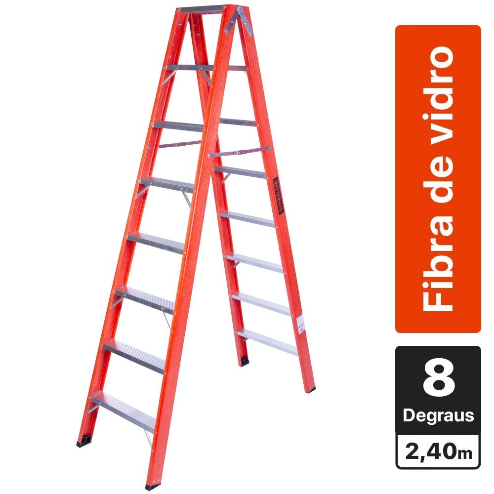 Escada Tesoura Fibra Vidro 8 Degraus 2,4m Rotterman 1 Escada tesoura dupla em fibra de vidro 8 degraus 2,40 m - ESC08240 Rotterman
