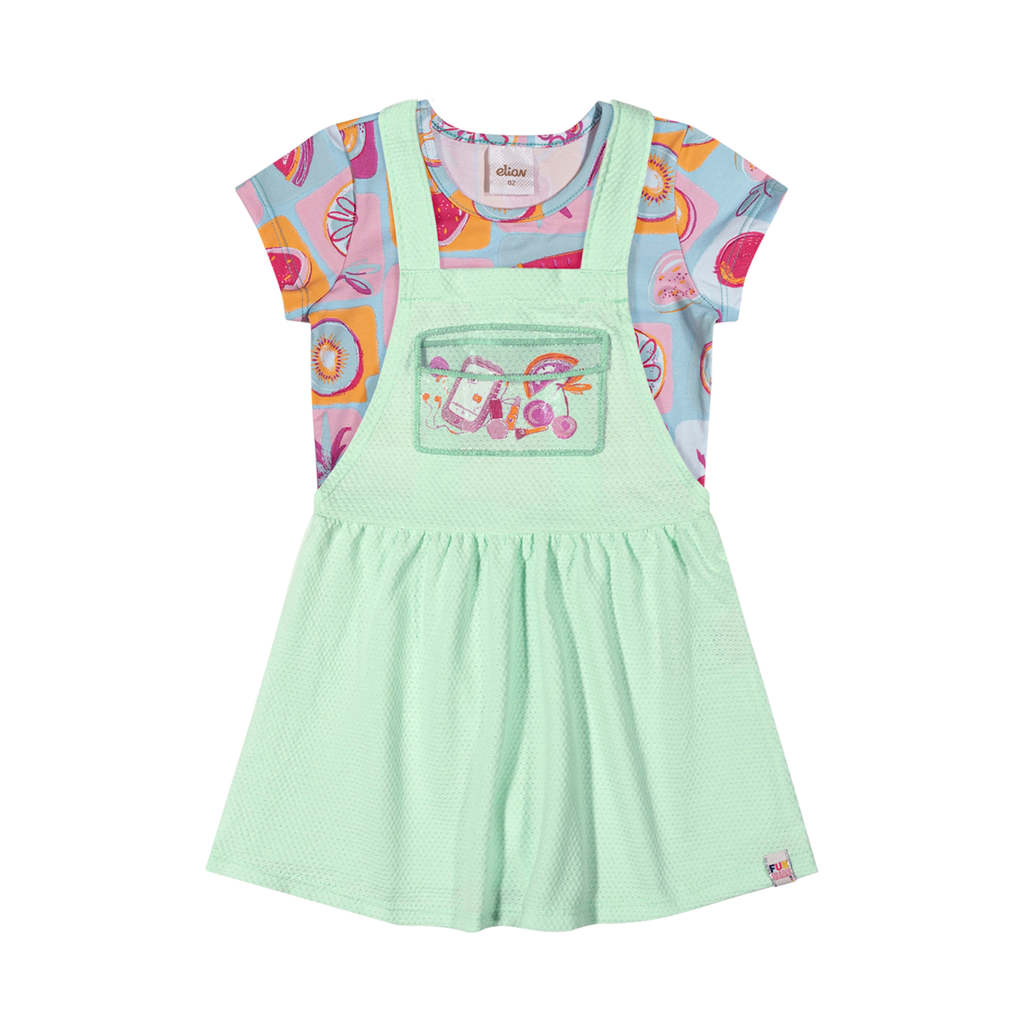 Conjunto Jardineira e Blusa Frutas Elian - Infantil Menina 1 Conjunto Jardineira e Blusa Frutas Elian para menina infantil, com estampa vibrante de frutas tropicais na jardineira de algodão e blusa branca de manga curta, exibindo conforto e estilo para crianças.